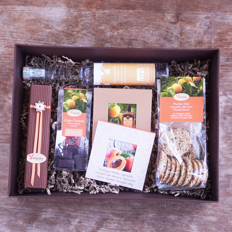 Südtirolbox mit Marillenschnaps, Pralinen u. Schokoladen - Venustis
